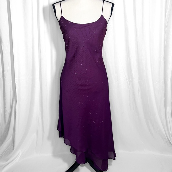 Purple Beaded Spaghetti Strap Midi Evening Dress Size L Maria Bonita - Picture 1 of 6